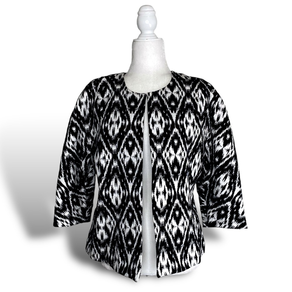 Peter Nygard Women’s Tribal Ikat Print Open Blazer Boho Jacket 3/4 Sleeve Work